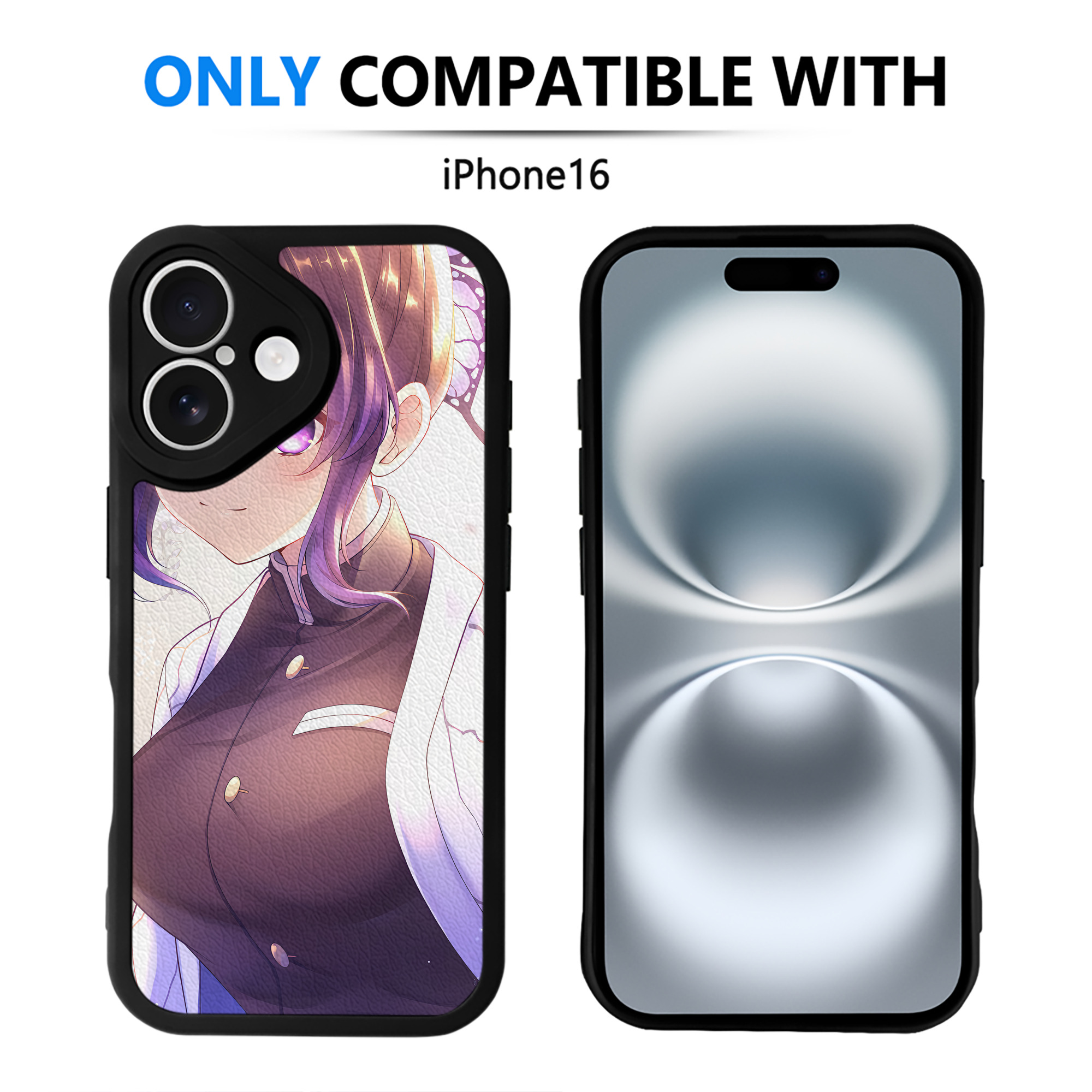 （画像用） 鬼滅の刃（きめつのやいば）蟲柱-胡蝶 しのぶ／こちょう しのぶ Kochou Shinobu 【iPhone 16シリーズ対応】シリコンスマホケース（レザー調） 材質：シリコン